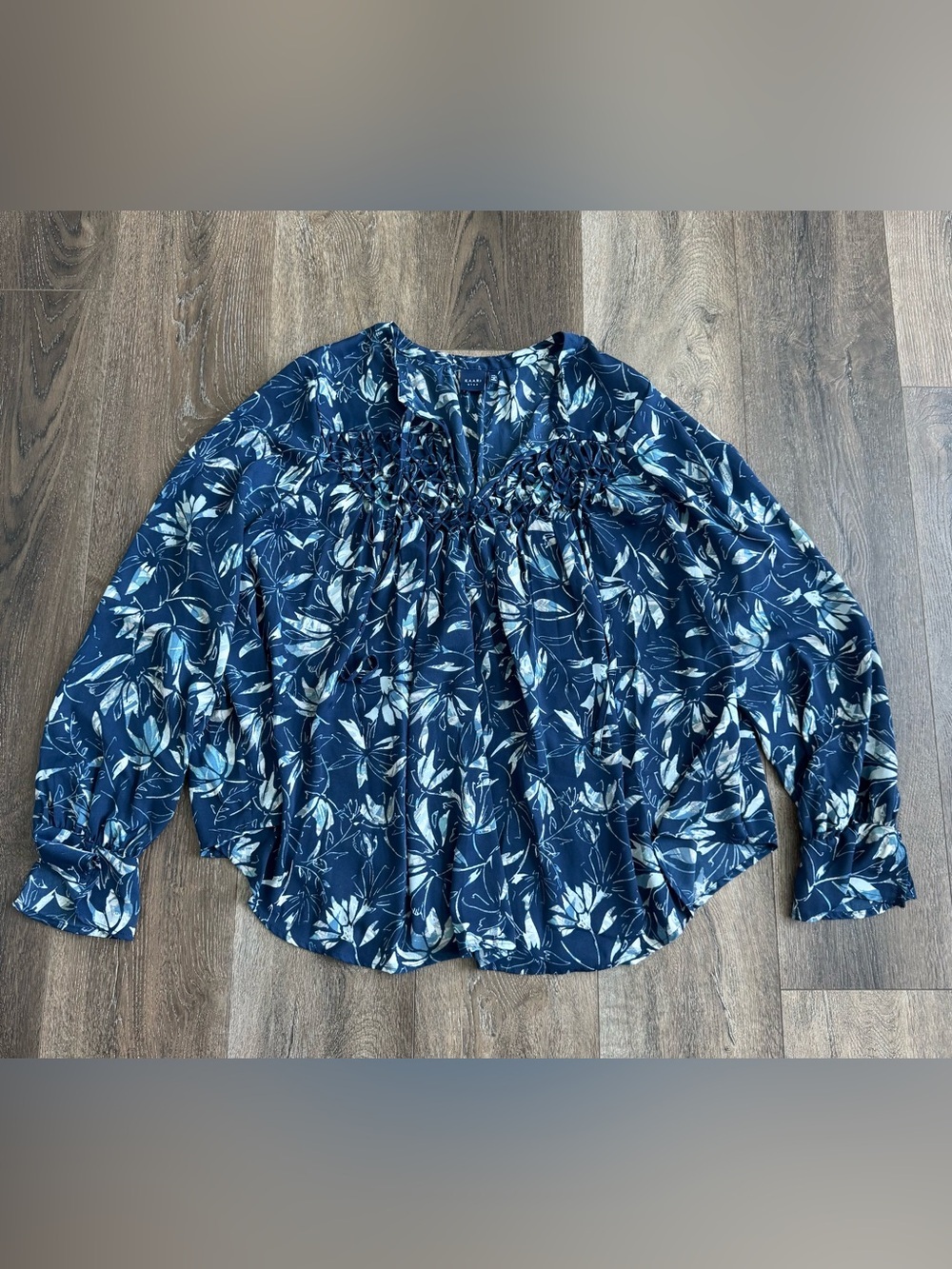 Kaari blue Navy Blue Floral Smocked Peasant Blouse
